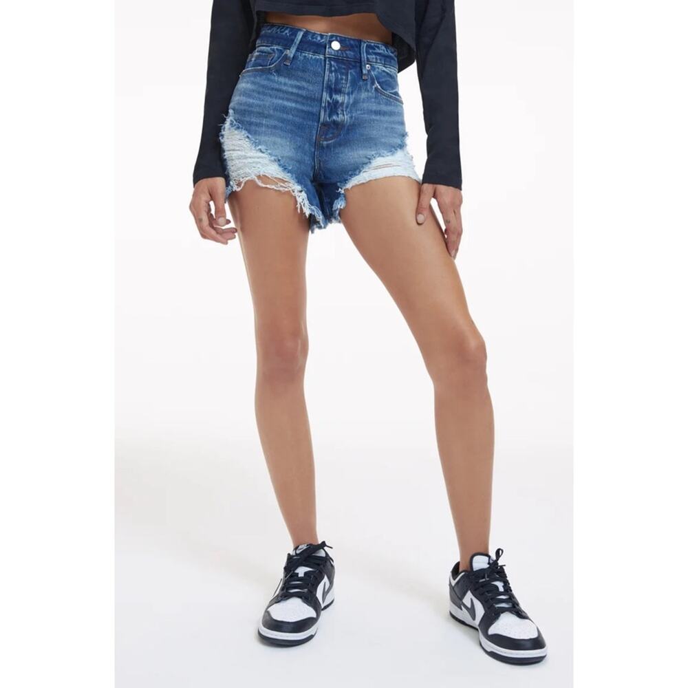 GOOD AMERICAN Destroyed Bombshell Shorts Blue646